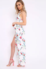 White Floral Front Split Trousers And Crop Co-Ord - Damaria-Co-ords
