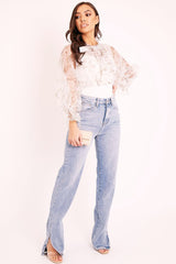 White Floral Half Mesh Ribbed Insert Neck Tie Blouse - Sammie-Blouse