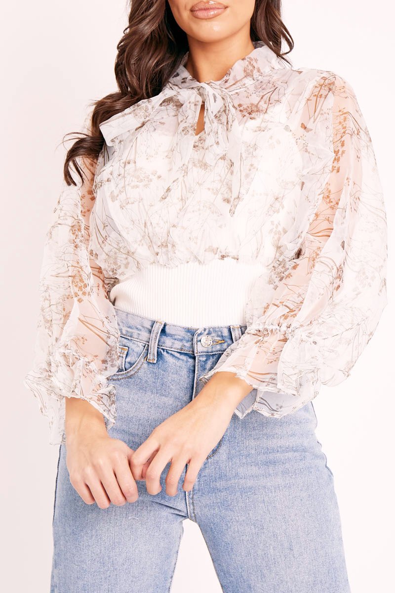 White Floral Half Mesh Ribbed Insert Neck Tie Blouse - Sammie-Blouse