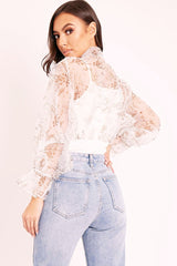 White Floral Half Mesh Ribbed Insert Neck Tie Blouse - Sammie-Blouse