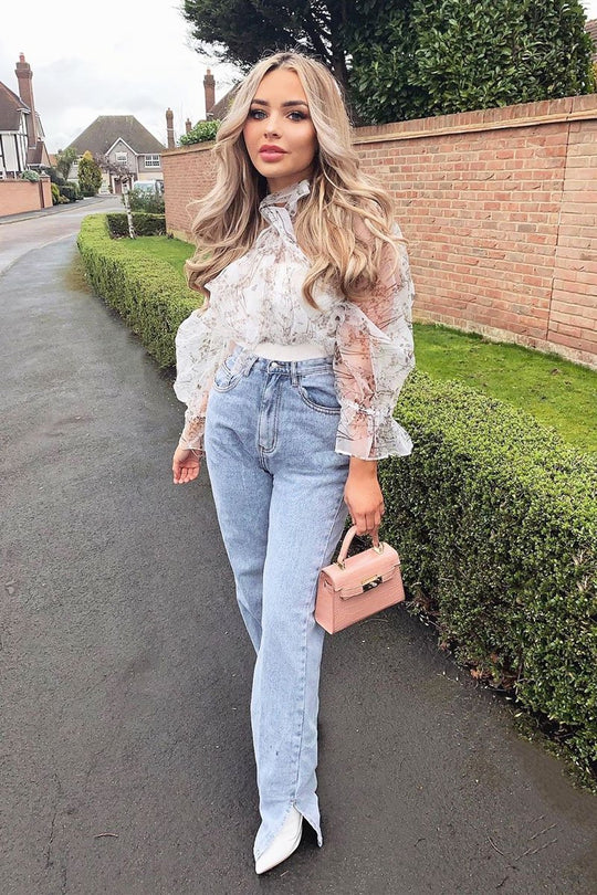 White Floral Half Mesh Ribbed Insert Neck Tie Blouse - Sammie