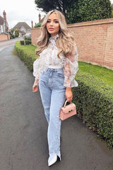 White Floral Half Mesh Ribbed Insert Neck Tie Blouse - Sammie-Blouse