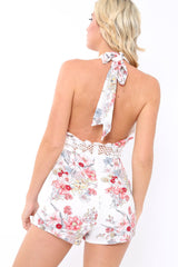 White Floral Halter Neck Playsuit - Vanessa-Playsuits