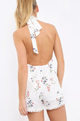 White Floral Halter Neck Plunge Playsuit - Mia-Playsuits