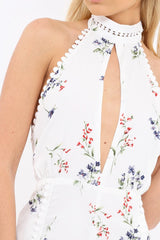 White Floral Halter Neck Plunge Playsuit - Mia-Playsuits