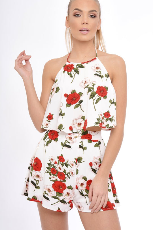 White Floral Halterneck Crop Top - Kamisha