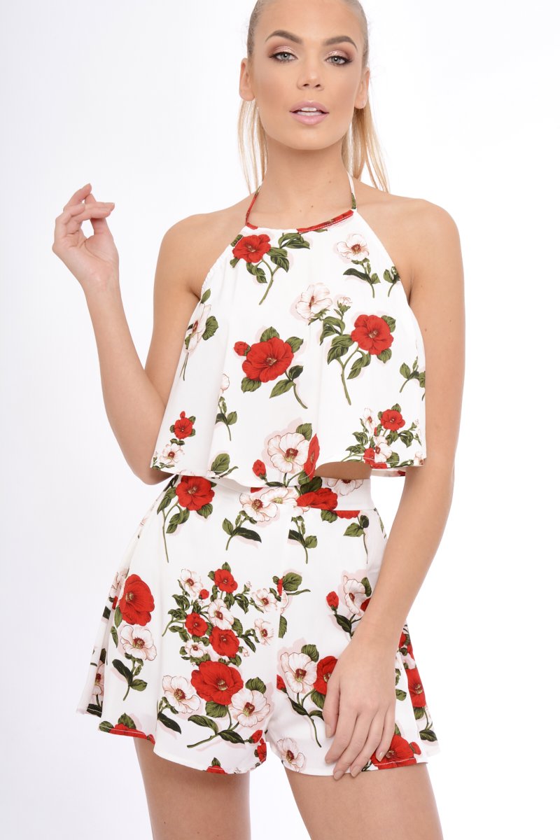 White Floral Halterneck Crop Top - Kamisha-Crop Tops