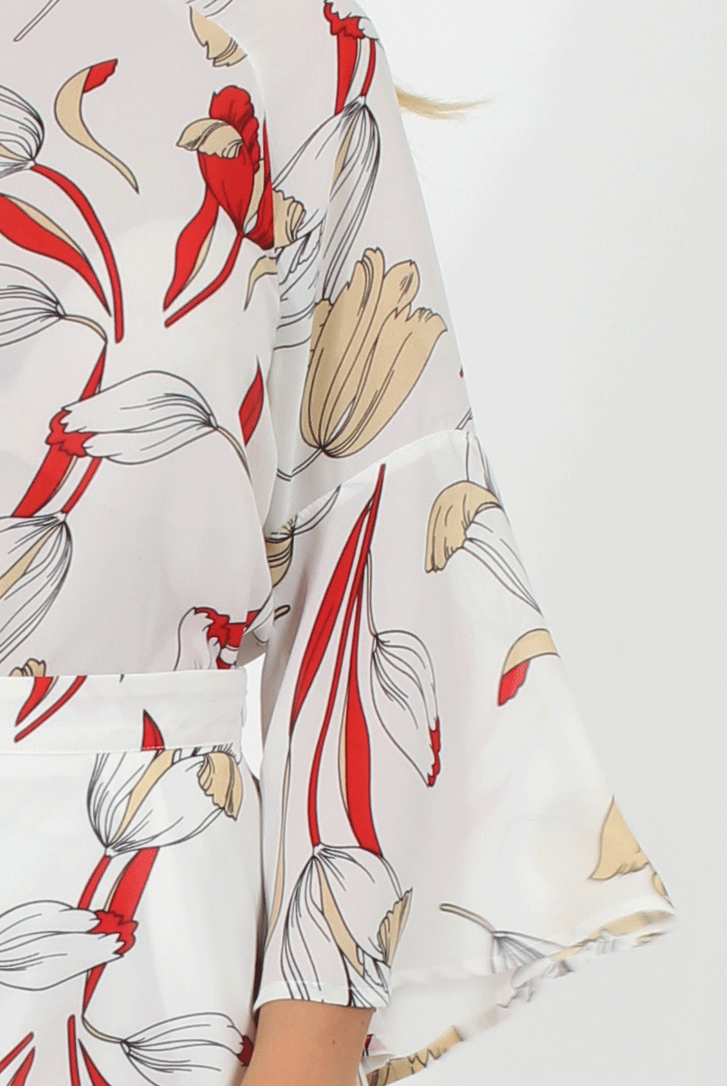 White Floral High Neck Bell Sleeve Blouse - Lexi-Blouses