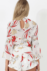 White Floral High Neck Bell Sleeve Blouse - Lexi-Blouses