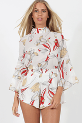 White Floral High Neck Bell Sleeve Blouse - Lexi-Blouses