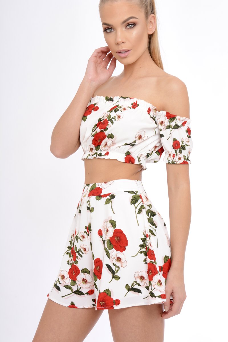 White Floral High Waisted Shorts - Kamisha-Shorts