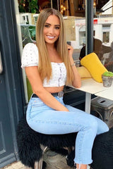 White Floral Hook And Eye Puff Sleeve Crop Top - Libbie-Crop Tops