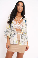 White Floral Kimono Blouse - Malenie-Tops