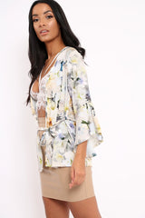 White Floral Kimono Blouse - Malenie-Tops
