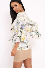 White Floral Kimono Blouse - Malenie-Tops