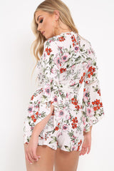 White Floral Kimono Sleeve Playsuit - Altaira-Playsuits