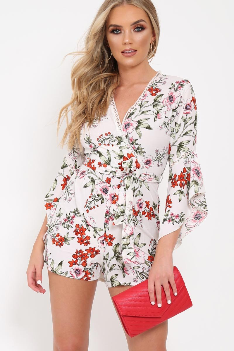 White Floral Kimono Sleeve Playsuit - Altaira-Playsuits