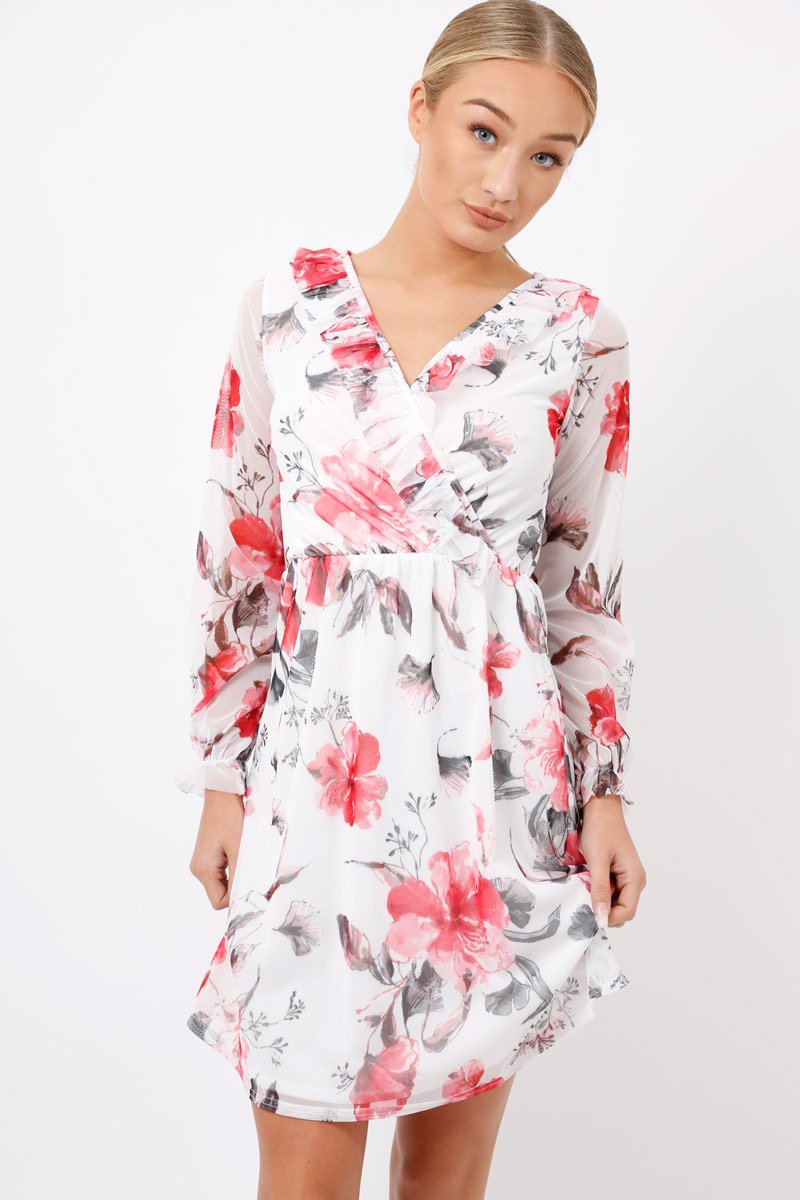 White Floral Lace Frill Dress - Fluer-Dresses