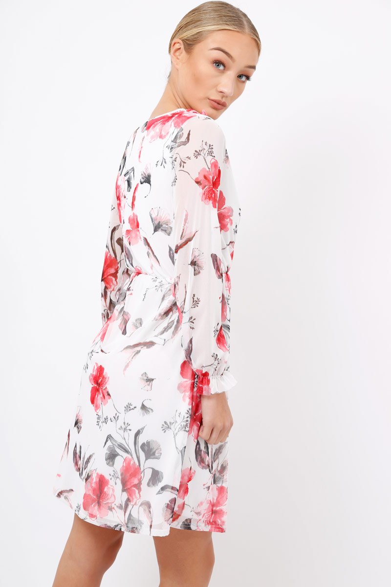 White Floral Lace Frill Dress - Fluer-Dresses