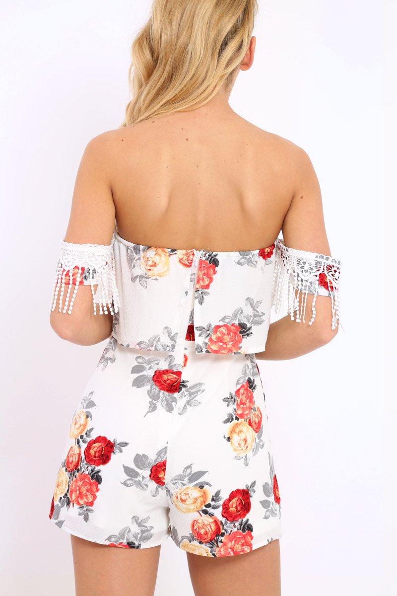 White Floral Lace Trim Playsuit - Tamika-Playsuits