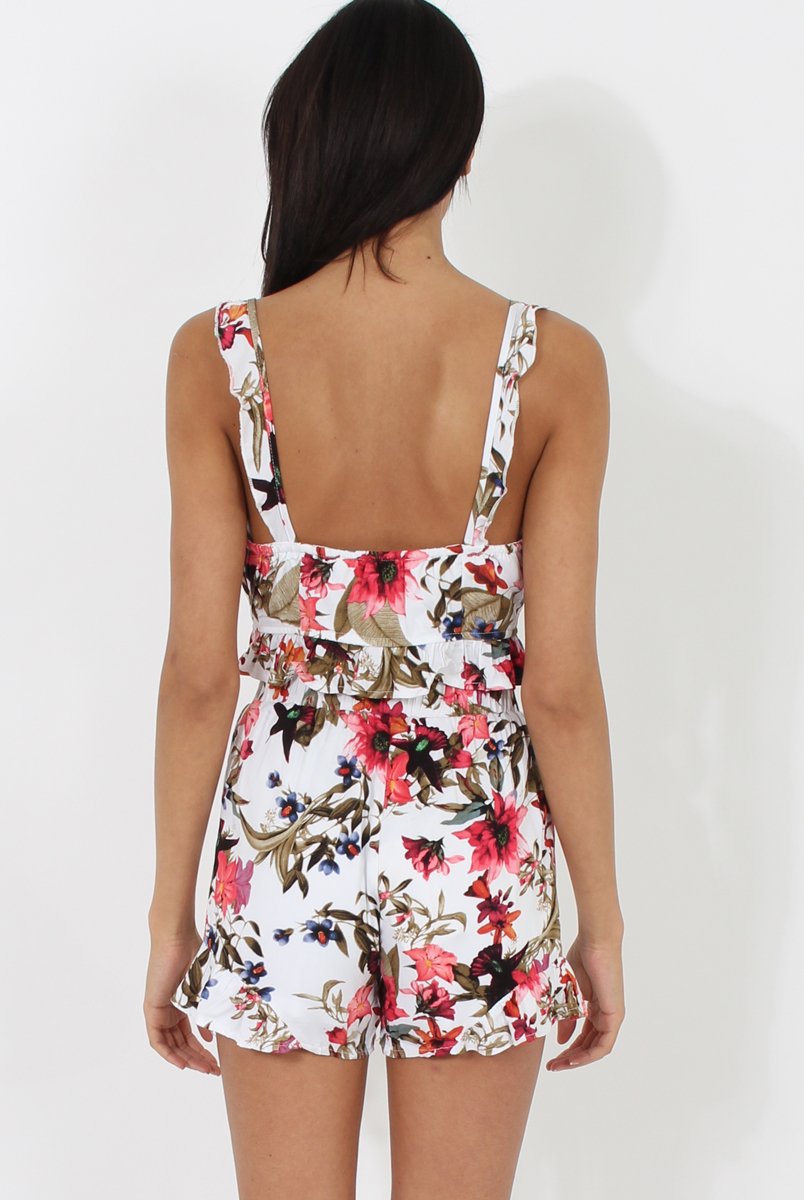 White Floral Lace Up Two Piece - Mica-Co-ords