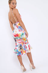 White Floral Midi Dress with Frill Detail - Kyrstin-Dresses