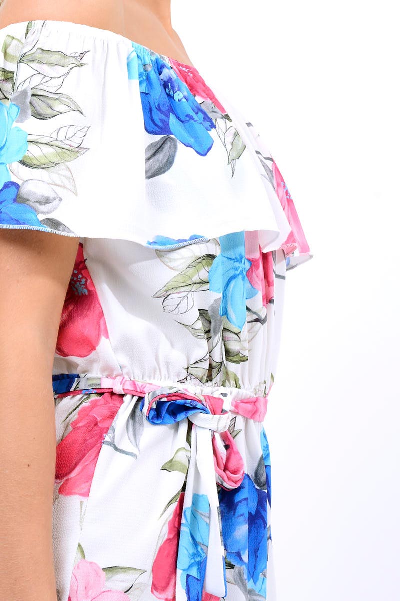 White Floral Off Shoulder Playsuit - Tillie-Playsuits