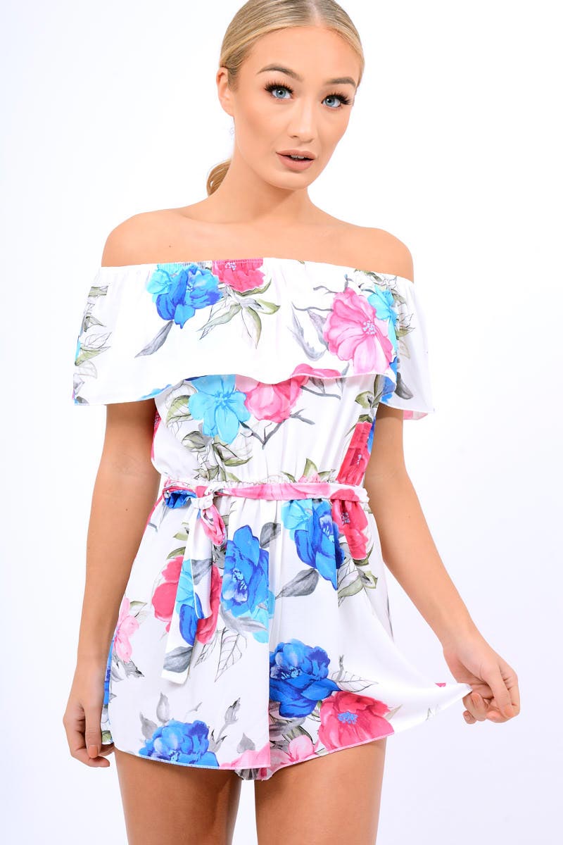 White Floral Off Shoulder Playsuit - Tillie-Playsuits