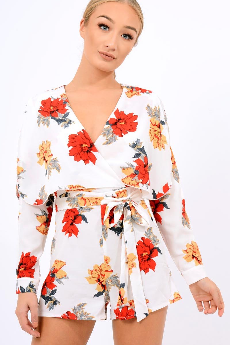 White Floral Panel Wrap Playsuit - Ladonna-Playsuits