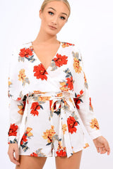 White Floral Panel Wrap Playsuit - Ladonna-Playsuits