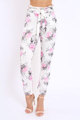 White Floral Paper Bag Tie Waist Cigarette Trousers - Jana-Trousers