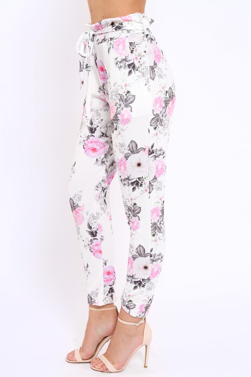 White Floral Paper Bag Tie Waist Cigarette Trousers - Jana-Trousers