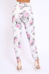 White Floral Paper Bag Tie Waist Cigarette Trousers - Jana-Trousers