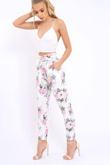 White Floral Paper Bag Tie Waist Cigarette Trousers - Jana-Trousers