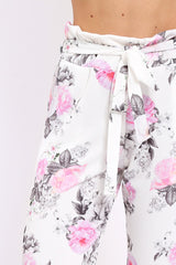 White Floral Paper Bag Tie Waist Cigarette Trousers - Jana-Trousers