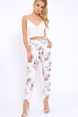 White Floral Paper Bag Tie Waist Cigarette Trousers - Jana-Trousers