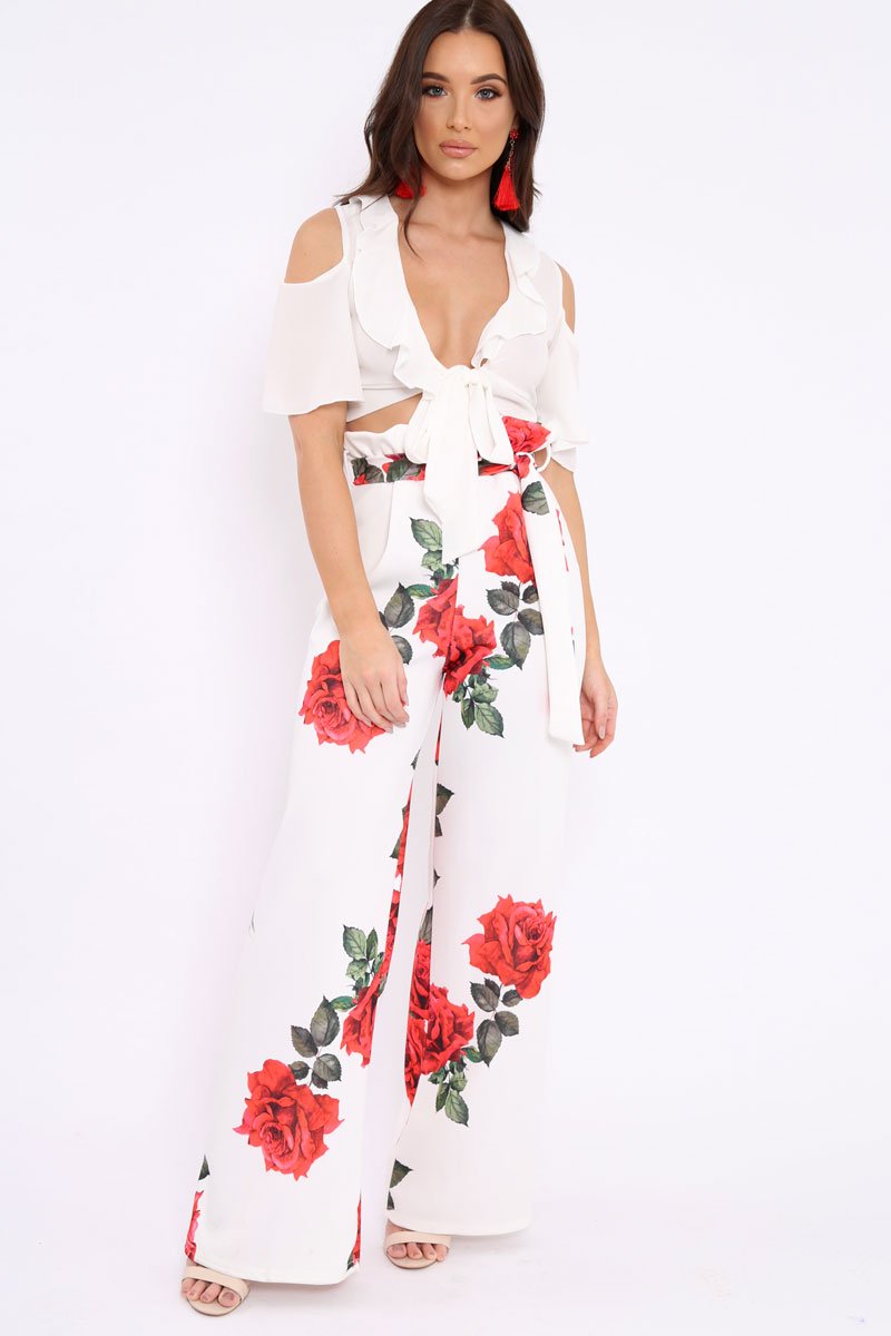White Floral Paper Bag Tie Waist Wide Leg Trousers - Kennedy-Trousers