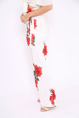 White Floral Paper Bag Tie Waist Wide Leg Trousers - Kennedy-Trousers
