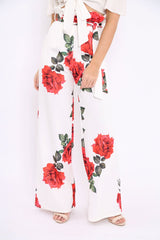 White Floral Paper Bag Tie Waist Wide Leg Trousers - Kennedy-Trousers