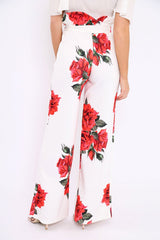 White Floral Paper Bag Tie Waist Wide Leg Trousers - Kennedy-Trousers