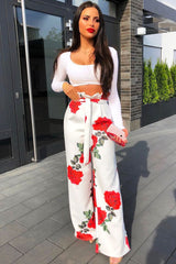 White Floral Paper Bag Tie Waist Wide Leg Trousers - Kennedy-Trousers