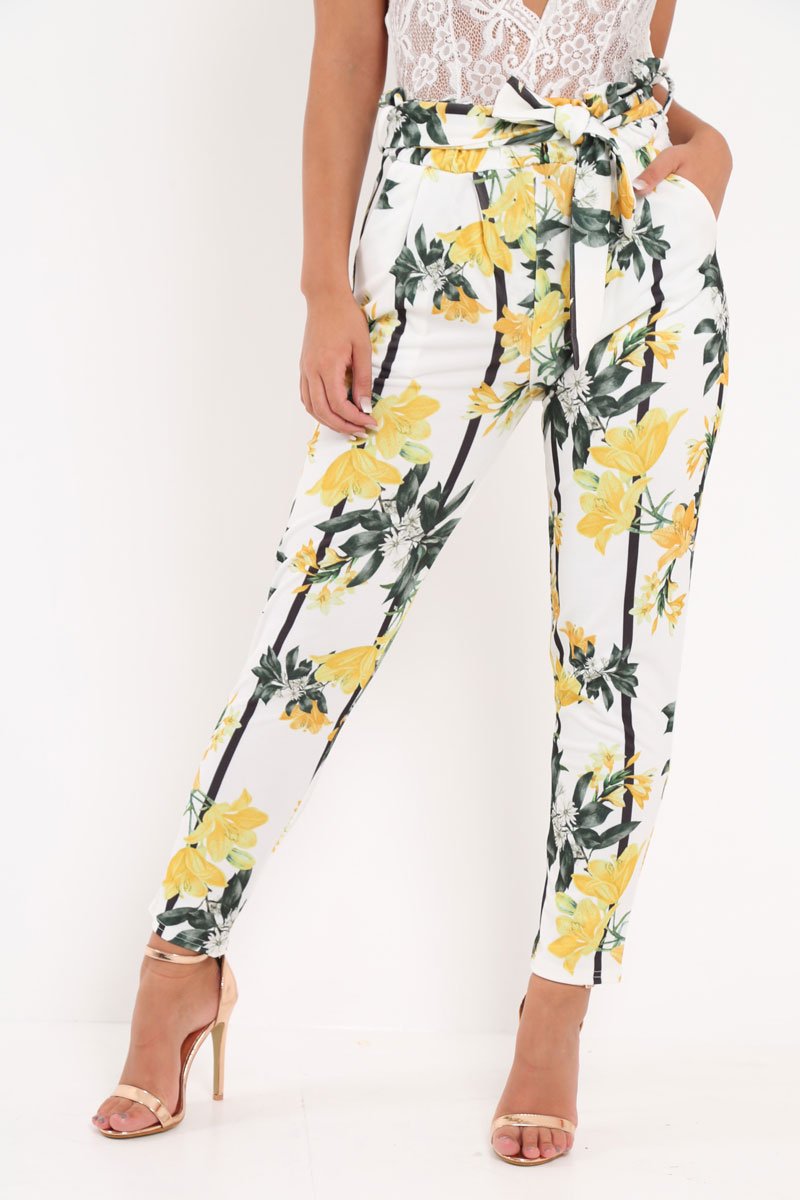 White Floral Paper Bag Waist Trousers - Hadden-Trousers