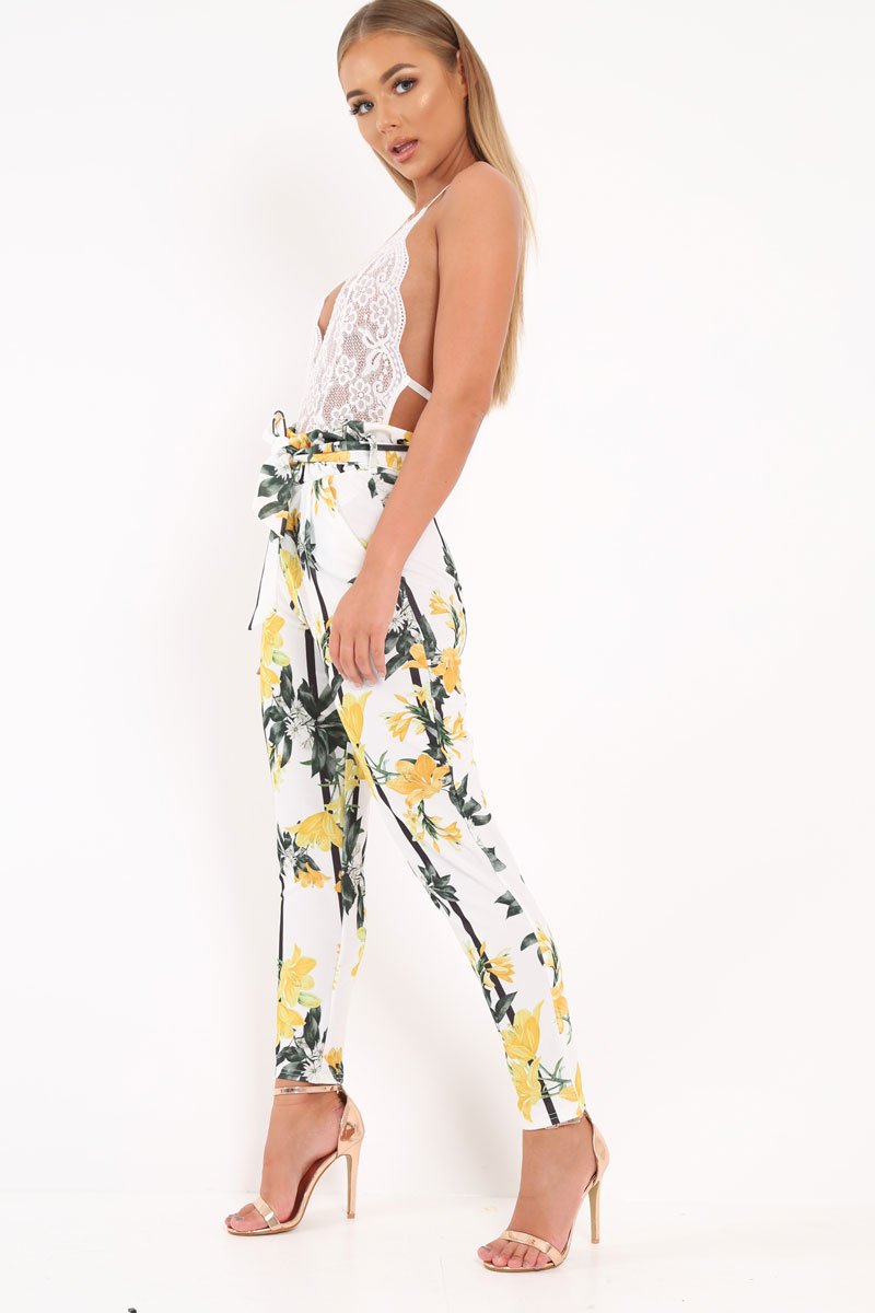 White Floral Paper Bag Waist Trousers - Hadden-Trousers