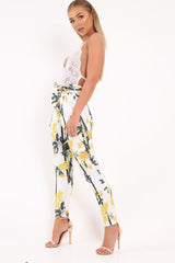 White Floral Paper Bag Waist Trousers - Hadden-Trousers