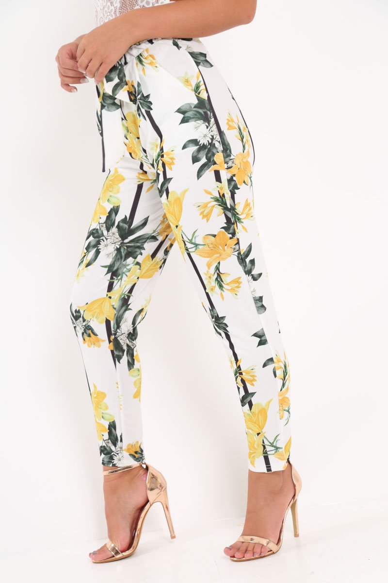 White Floral Paper Bag Waist Trousers - Hadden-Trousers