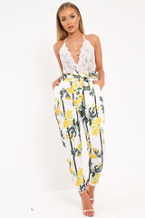 White Floral Paper Bag Waist Trousers - Hadden-Trousers