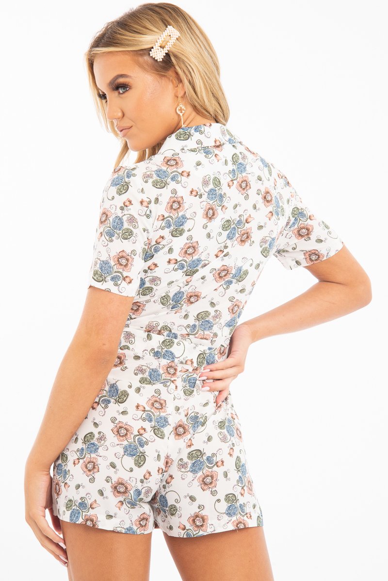 White Floral Plunge Belted Playsuit - Sway-Playsuits
