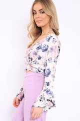 White Floral Plunge Gypsy Crop Top - Tiegan-Tops