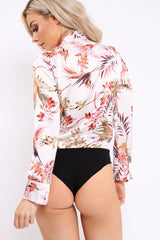 White Floral Plunge Satin Bodysuit - Rebeka-Bodysuits