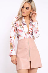 White Floral Plunge Satin Bodysuit - Rebeka-Bodysuits